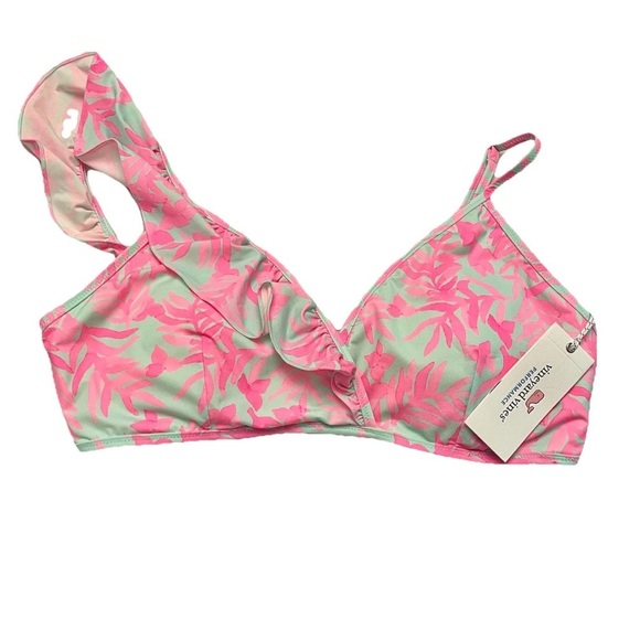 NWT Vineyard Vines Bougainvillea Ruffle Bikini Top in Crystal blue/Pink Size L - Picture 2 of 11